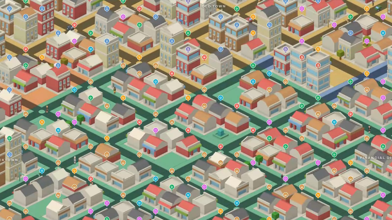 The MOGUL city map mid-campaign, with shops and rival businesses trading across the districts